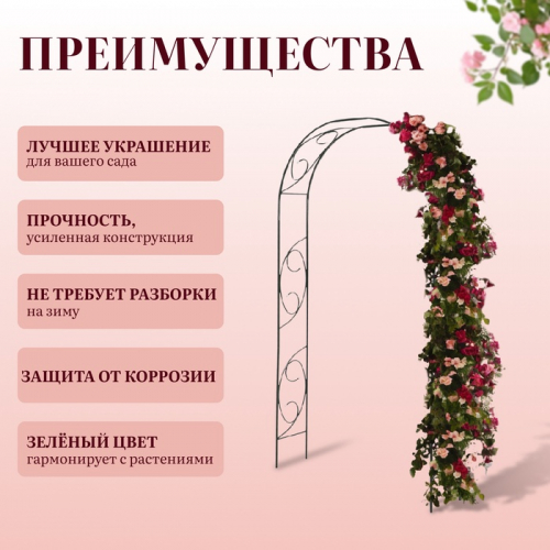 Арка садовая, 250×120×30 см, для вьющихся растений, металлическая, зелёная, «Узор-1»
