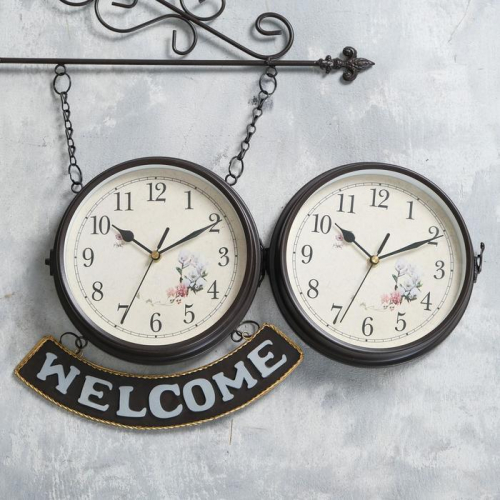 Часы настенные двусторонние, на подвесе WELCOME, плавный ход, циферблат d-20 см, 55×36 см