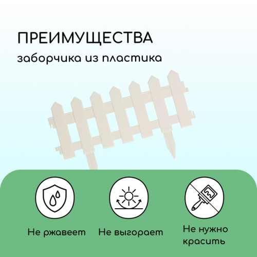 Ограждение декоративное, 30 × 196 см, 4 секции, пластик, белое, «Палисадник»