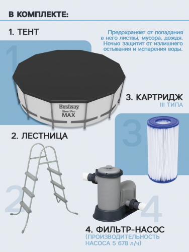 Бассейн каркасный Bestway Steel Pro MAX 56462, 549×122 см, фильтр-насос, лестница, тент, круглый