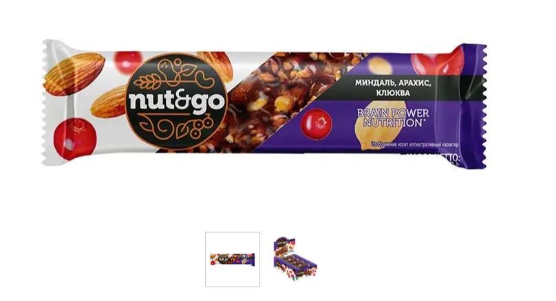 «Nut&Go», батончик Миндаль, арахис, клюква, 50 г