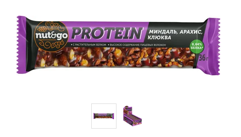 «Nut&Go», батончик Protein миндаль, арахис, клюква, 36 г