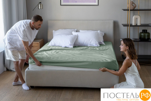 Простынь на резинке трикотажная 140x200x20 оливковый