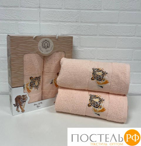 Набор махровых полотенец Тигр LUX 2пр (50х90+70х140) 100 % хлопок персик шл (88944)