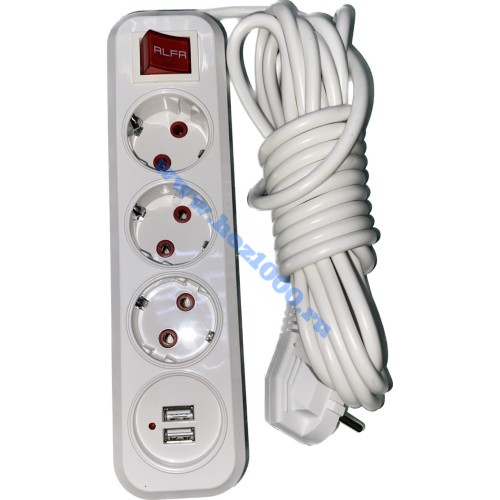 Удлинитель с заземлением и с кнопкой+USB (10/16A 250V -2P+) 3гн.х5м. №610