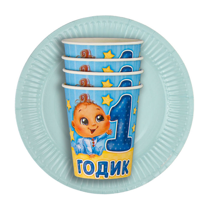 Посуда одноразовая бумажная для праздника «1 годик», 6 тарелок, 6 стаканов