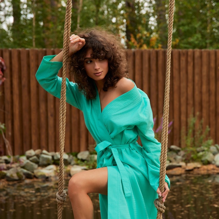 Халат вафельный женский удлинённый Экономь и Я размер 42-44, цвет бирюзовый, 100% хлопок, 200 г/м²