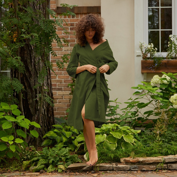 Халат вафельный женский удлинённый Экономь и Я размер 50-52, цвет хаки, 100% хлопок, 200 г/м²