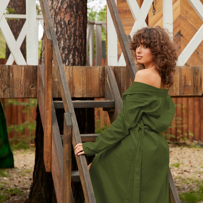 Халат вафельный женский удлинённый Экономь и Я размер 50-52, цвет хаки, 100% хлопок, 200 г/м²