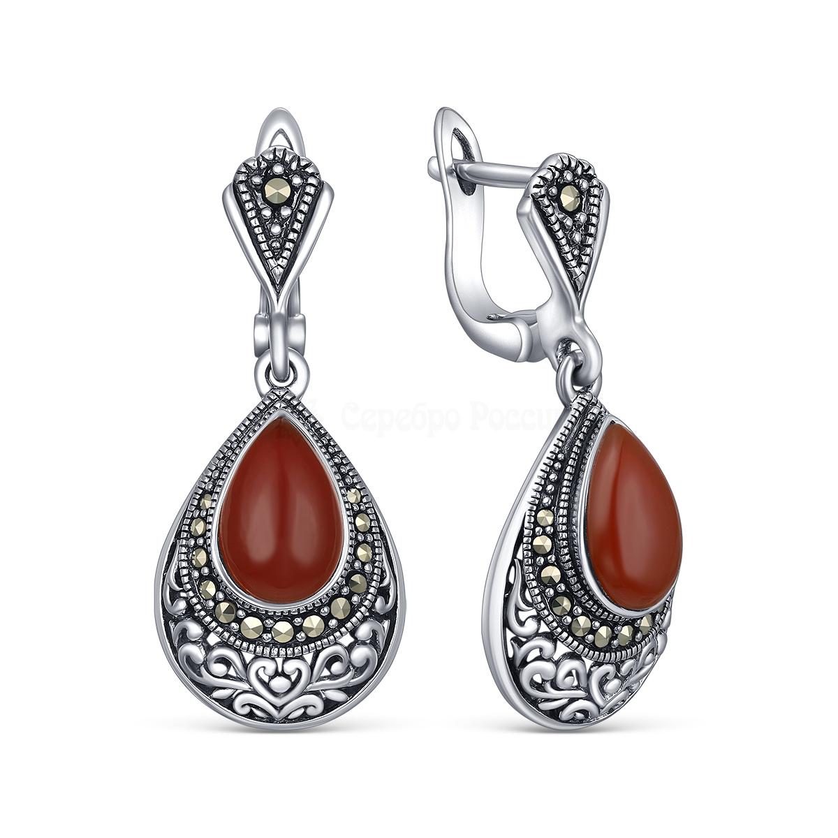 Серьги из чернёного серебра с агатом и марказитами HE1703-RD-LK