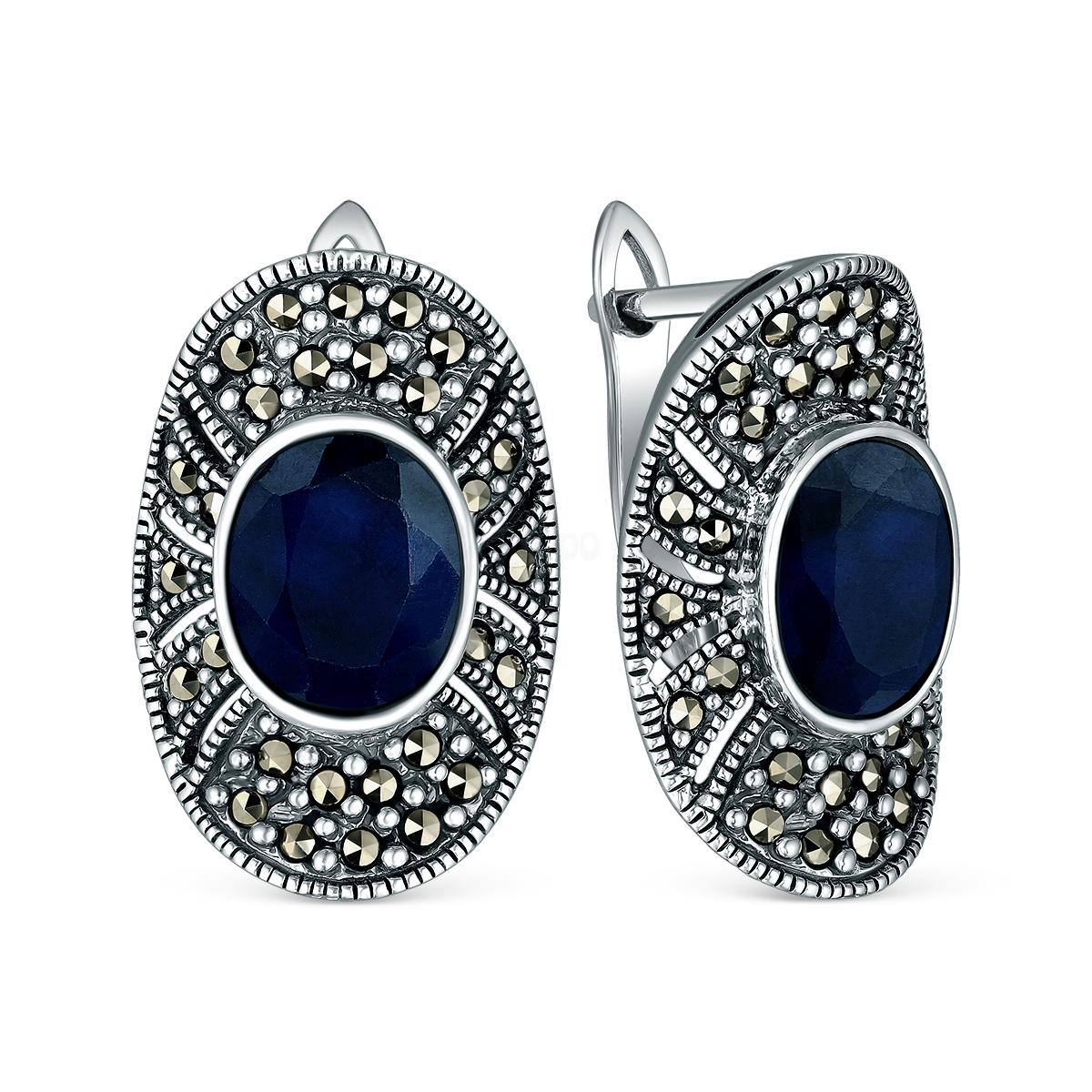 Серьги из чернёного серебра с сапфиром и марказитами HE0200-SS-LK