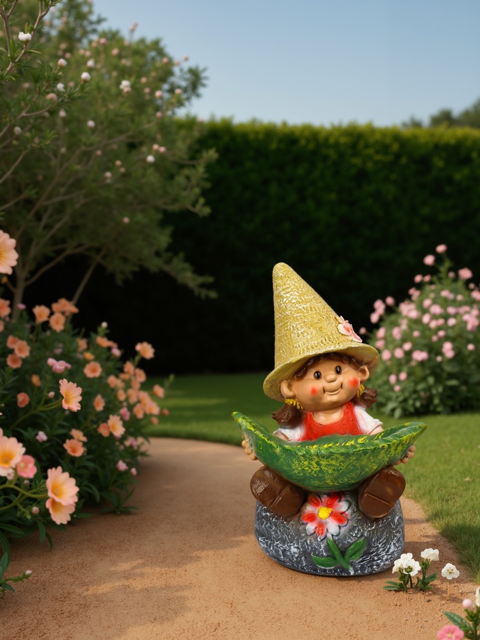 Садовая фигура из полистоуна «Девочка на камне с листом», 48×29×27 см