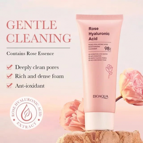 BIOAQUA  Пенка для умывания ROSE & HYALURONIC ACID Увлажняющая РОЗА  100г  (BQY-15433)