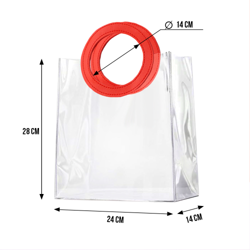 [EVEEPACK] Подарочный пакет PVC, прозрачный, красная круглая ручка экокожа 24x28x14см, 1 шт