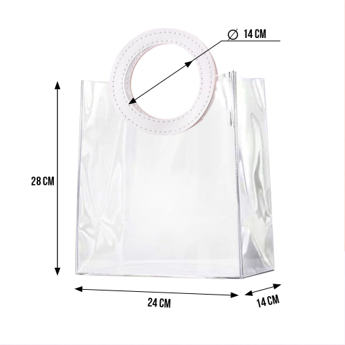 [EVEEPACK] Подарочный пакет PVC, прозрачный, белая круглая ручка экокожа 24x28x14см, 1 шт