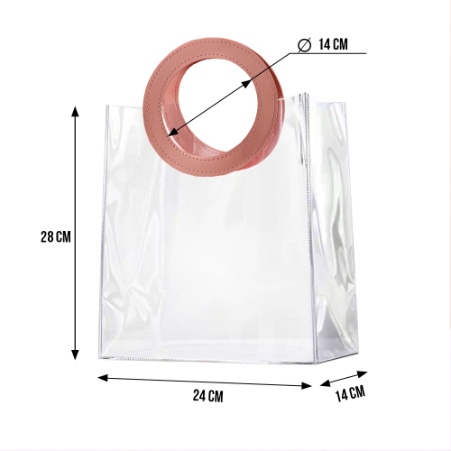 [EVEEPACK] Подарочный пакет PVC, прозрачный, розовая круглая ручка экокожа 24x28x14см, 1 шт