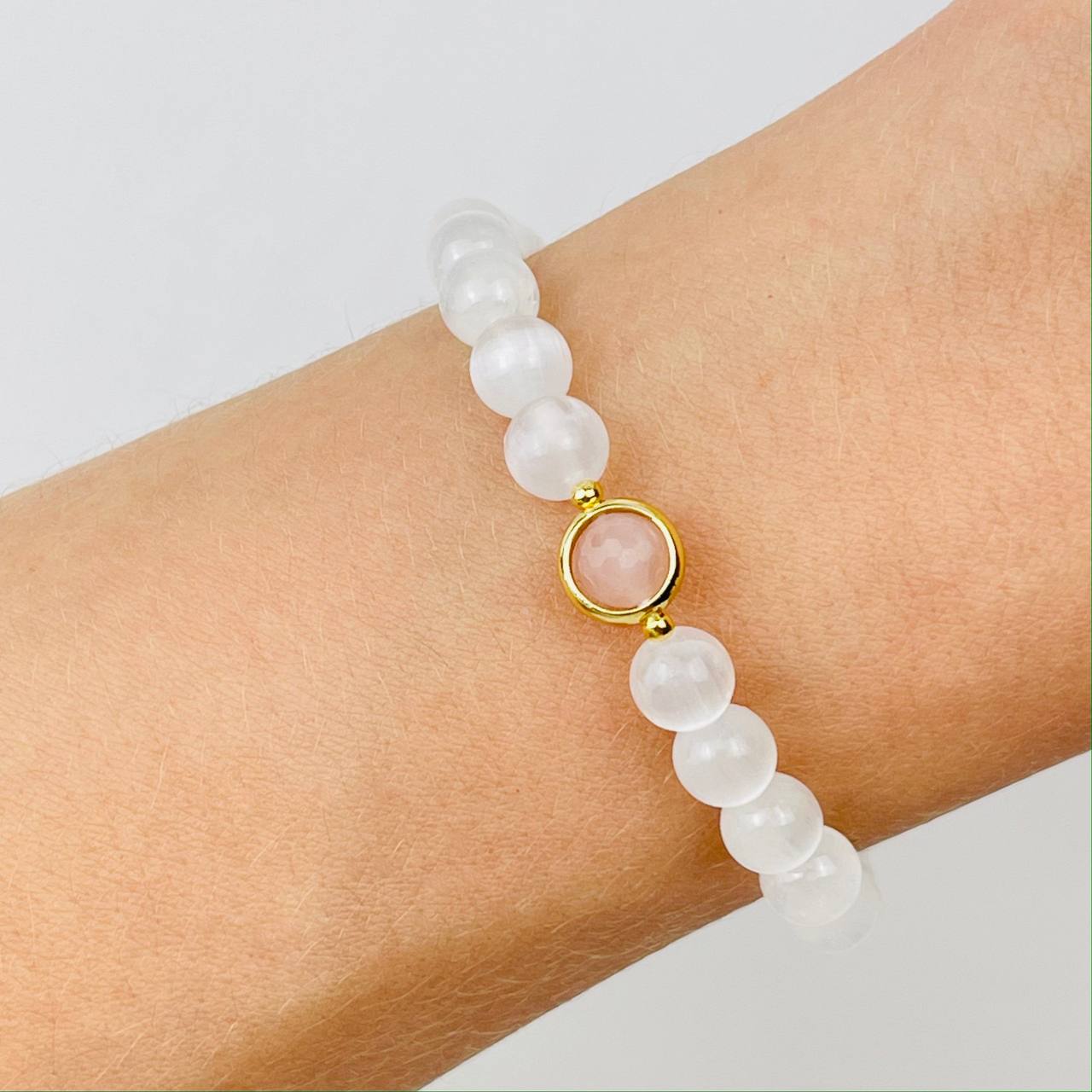 Радуга Самоцветов Браслет из Селенита и Розового квара
