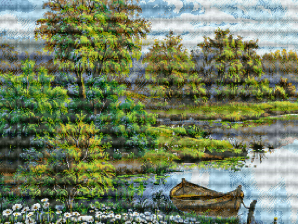 Вышивка крестиком 40х50см, Лодка у реки