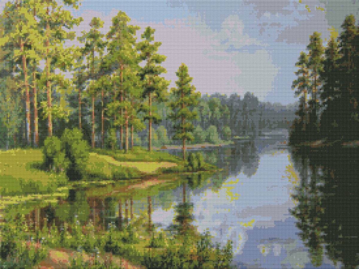 Вышивка крестиком 40х50см, Река в лесу