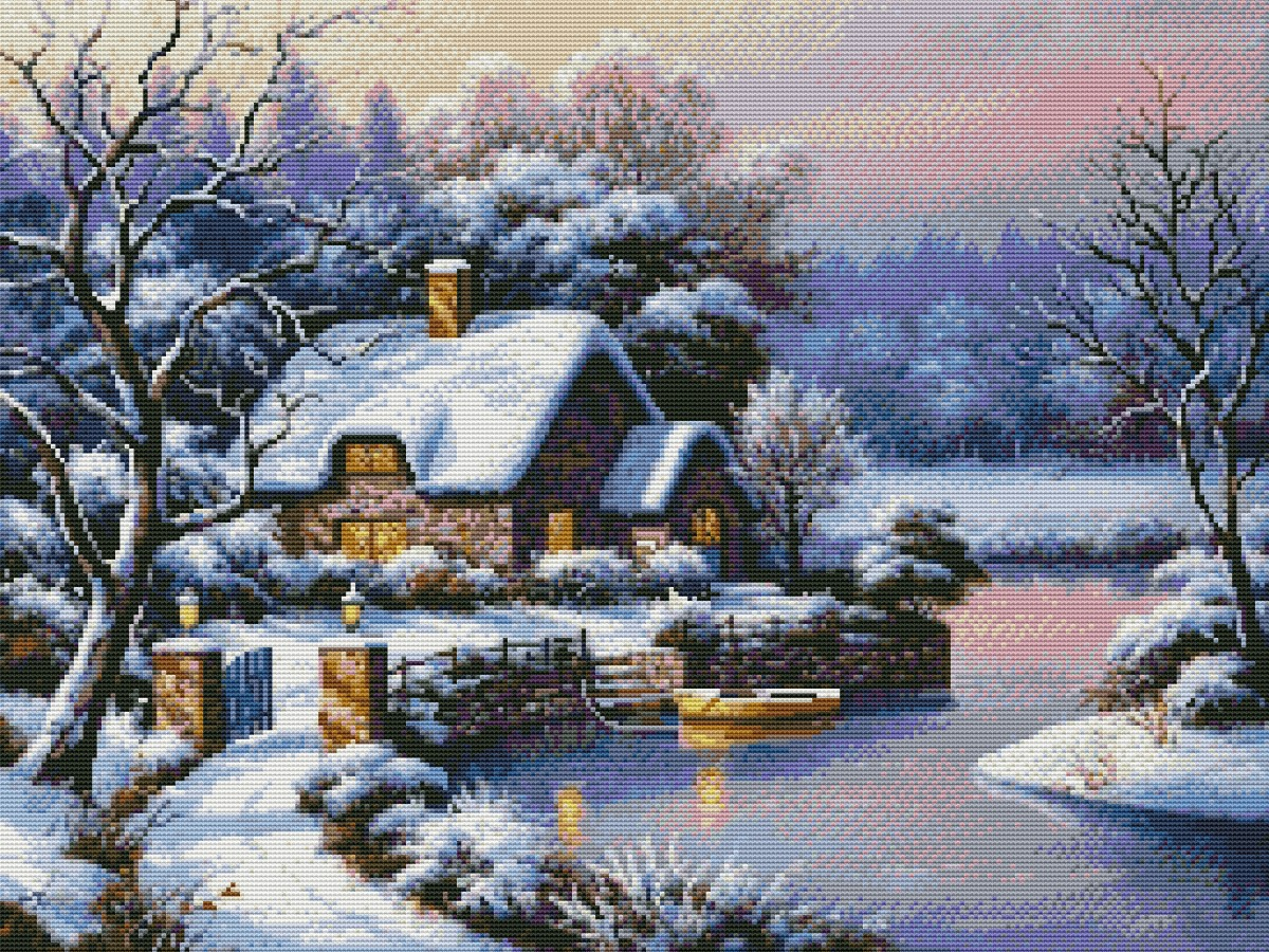 Вышивка крестиком 40х50см, Дом у реки, зима