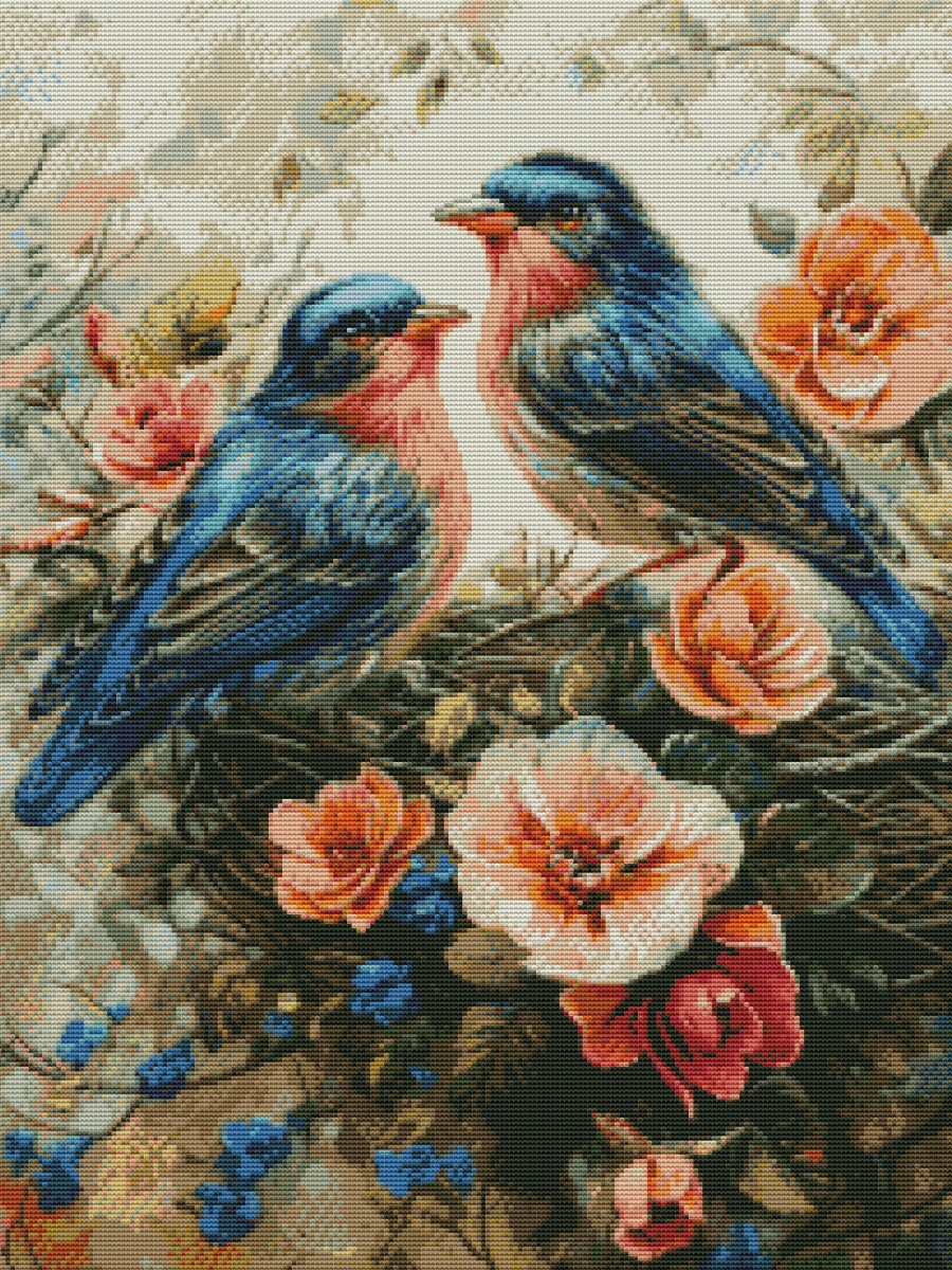 Вышивка крестиком 40х50см, Птицы в цветах