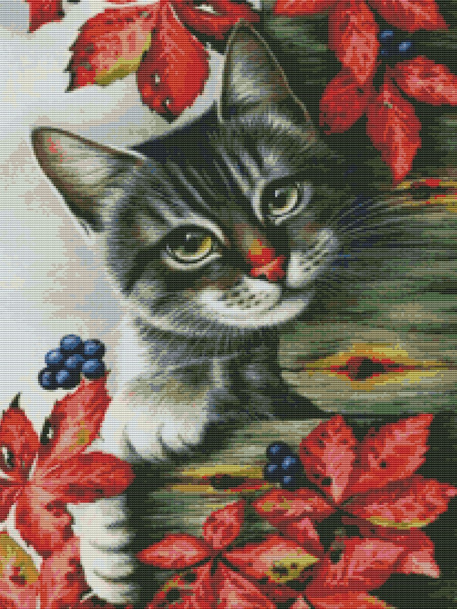 Вышивка крестиком 40х50см, Кот в листьях