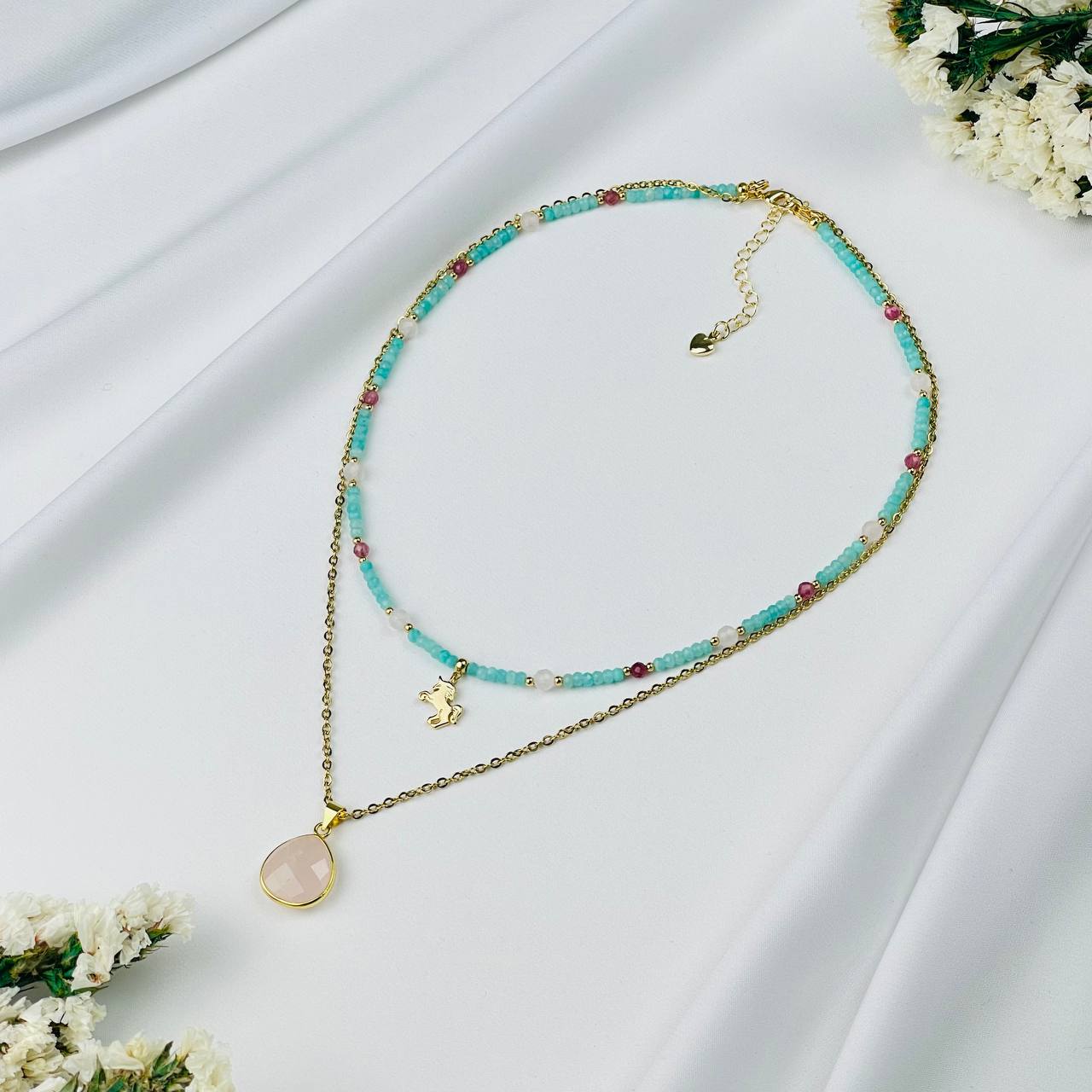 Радуга Самоцветов Колье двойное из Амазонита, Розового кварца и розового Турмалина