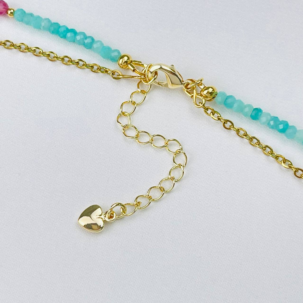 Радуга Самоцветов Колье двойное из Амазонита, Розового кварца и розового Турмалина