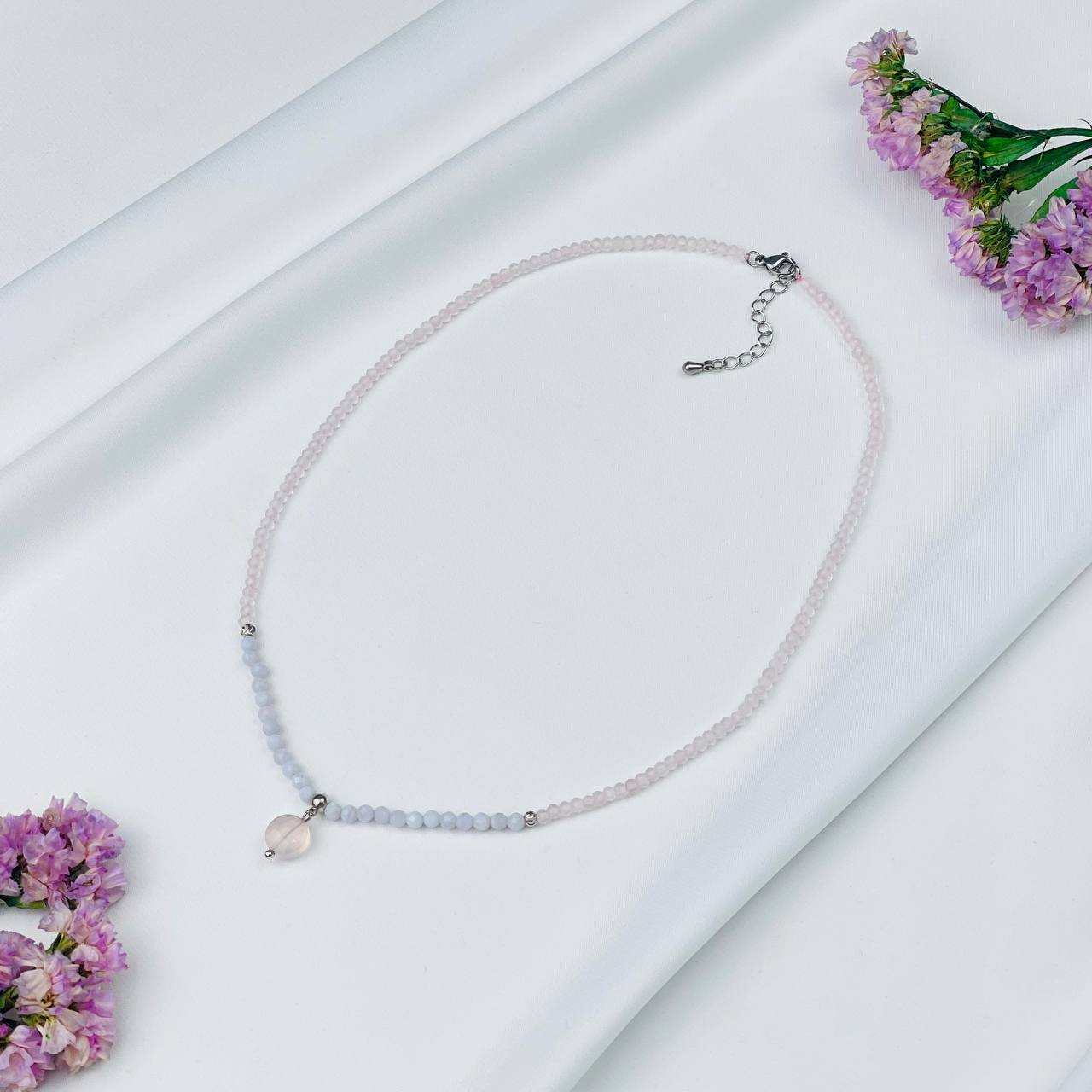 Радуга Самоцветов Колье из Розового кварца и Голубого агата