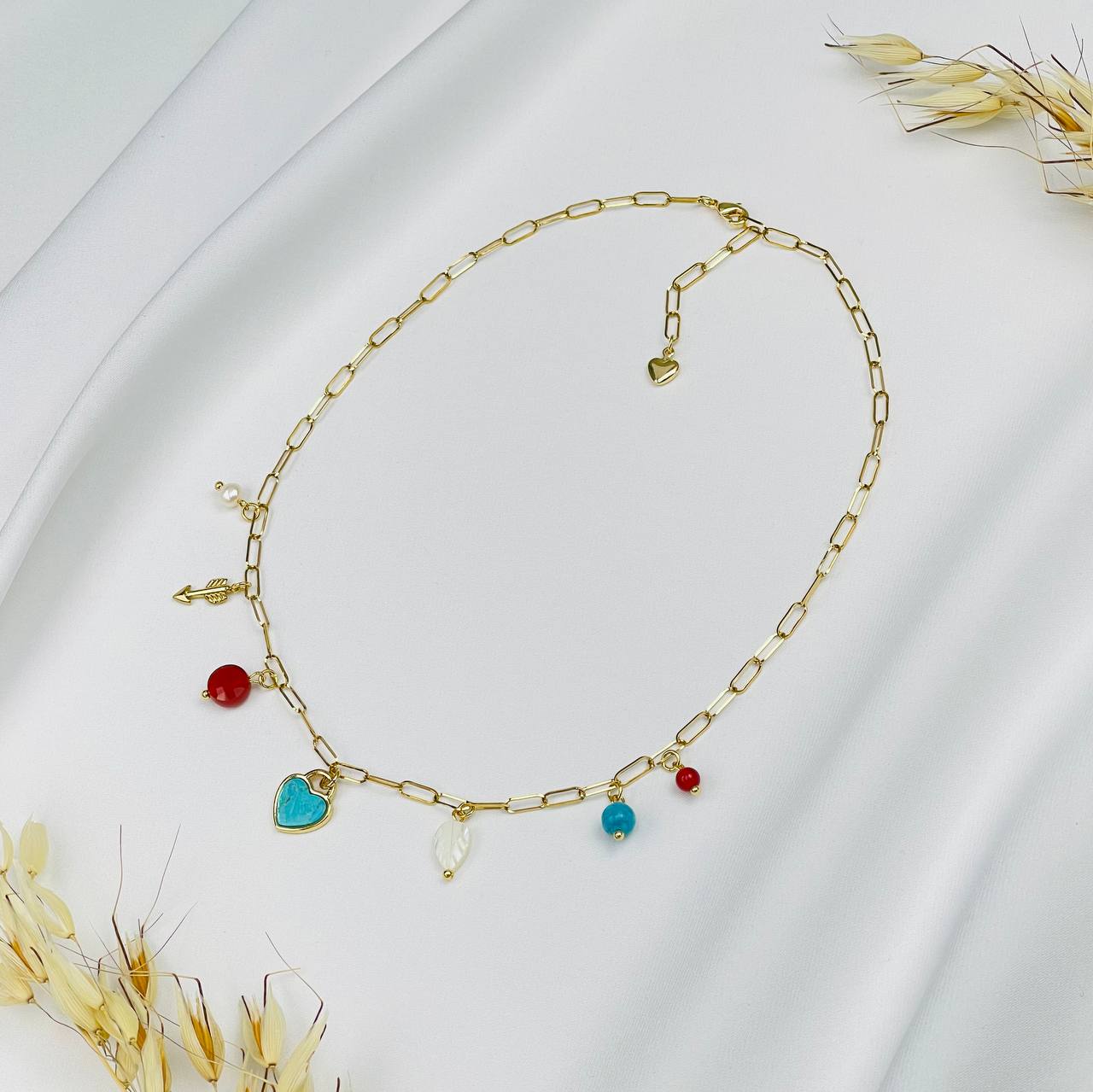 Радуга Самоцветов Колье на цепочке с Сердоликом, Жемчугом, Бирюзой и Перламутром