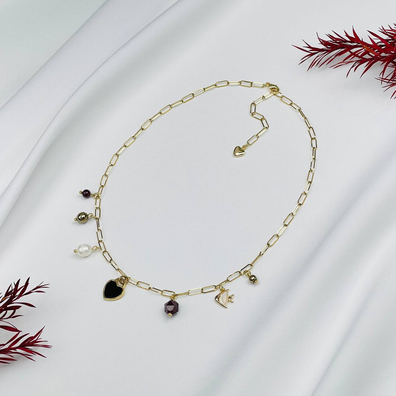 Радуга Самоцветов Колье на цепочке с Гранатом, Пиритом, Жемчугом и Перламутром