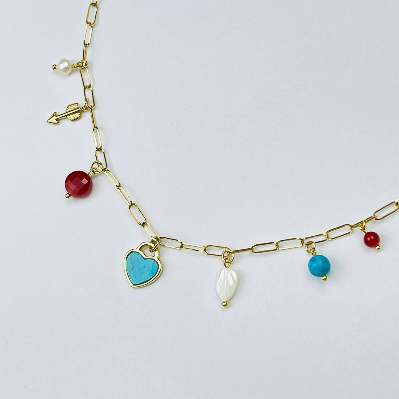 Радуга Самоцветов Колье на цепочке с Сердоликом, Жемчугом, Бирюзой и Перламутром