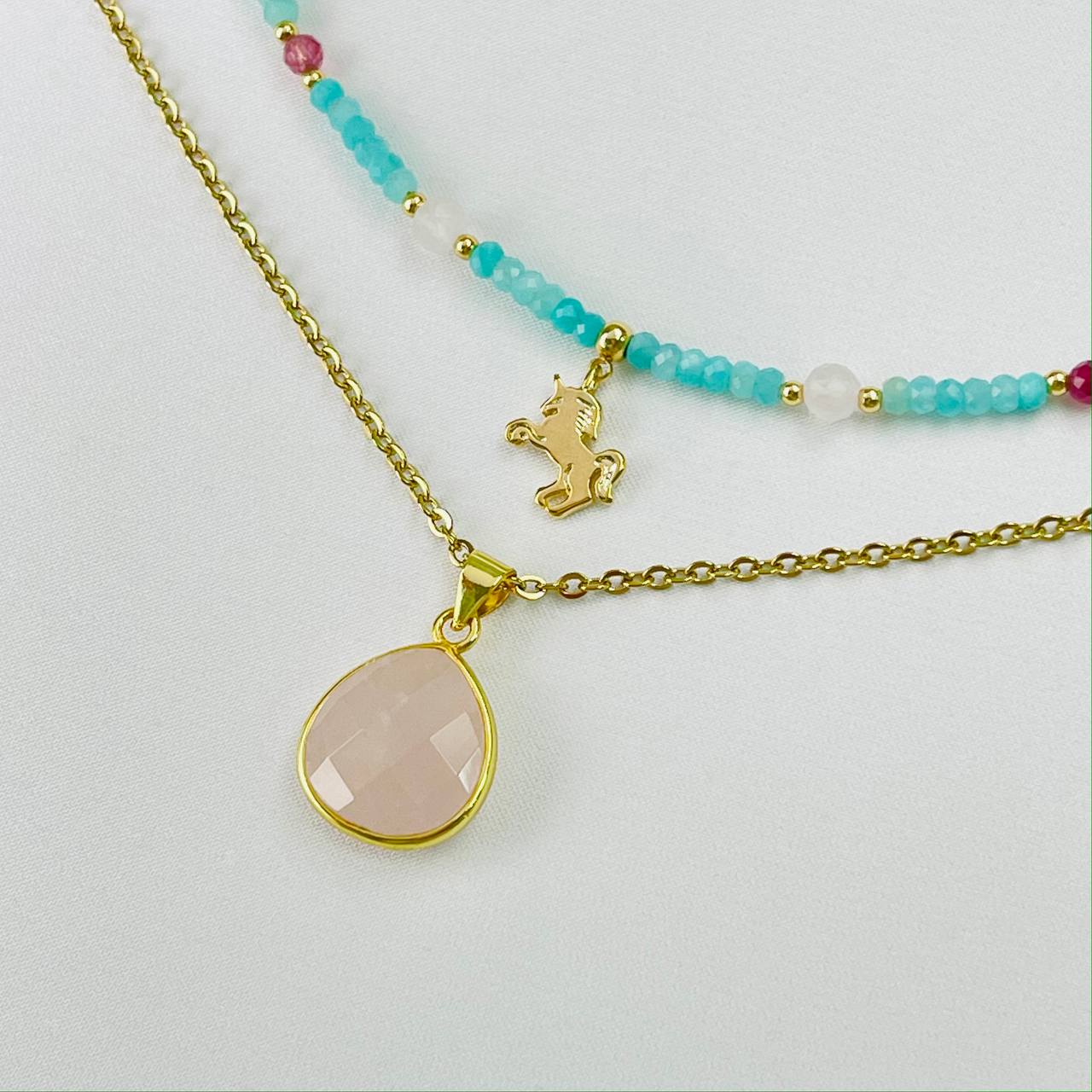 Радуга Самоцветов Колье двойное из Амазонита, Розового кварца и розового Турмалина