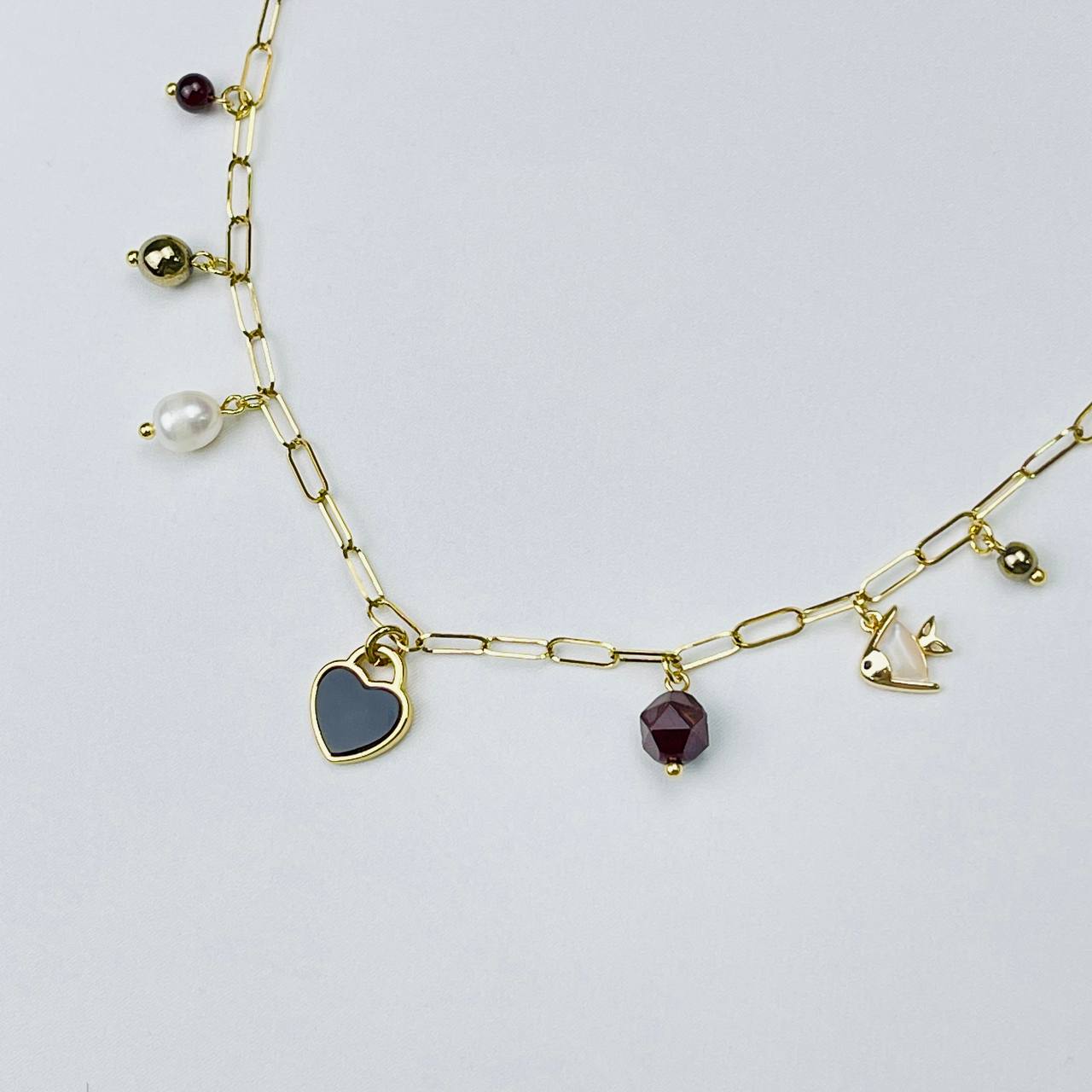 Радуга Самоцветов Колье на цепочке с Гранатом, Пиритом, Жемчугом и Перламутром