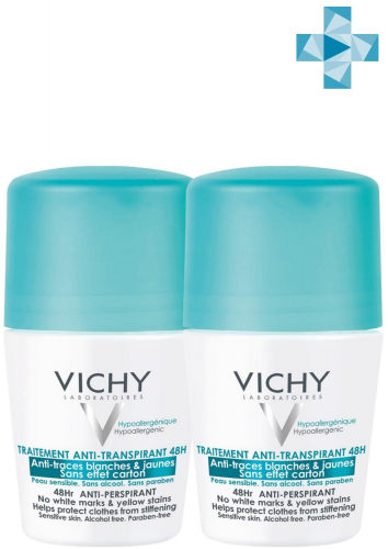 VICHY  Шариковый дезодорант-антиперспирант против белых и желтых пятен 48 ч, 50 мл х 2 шт