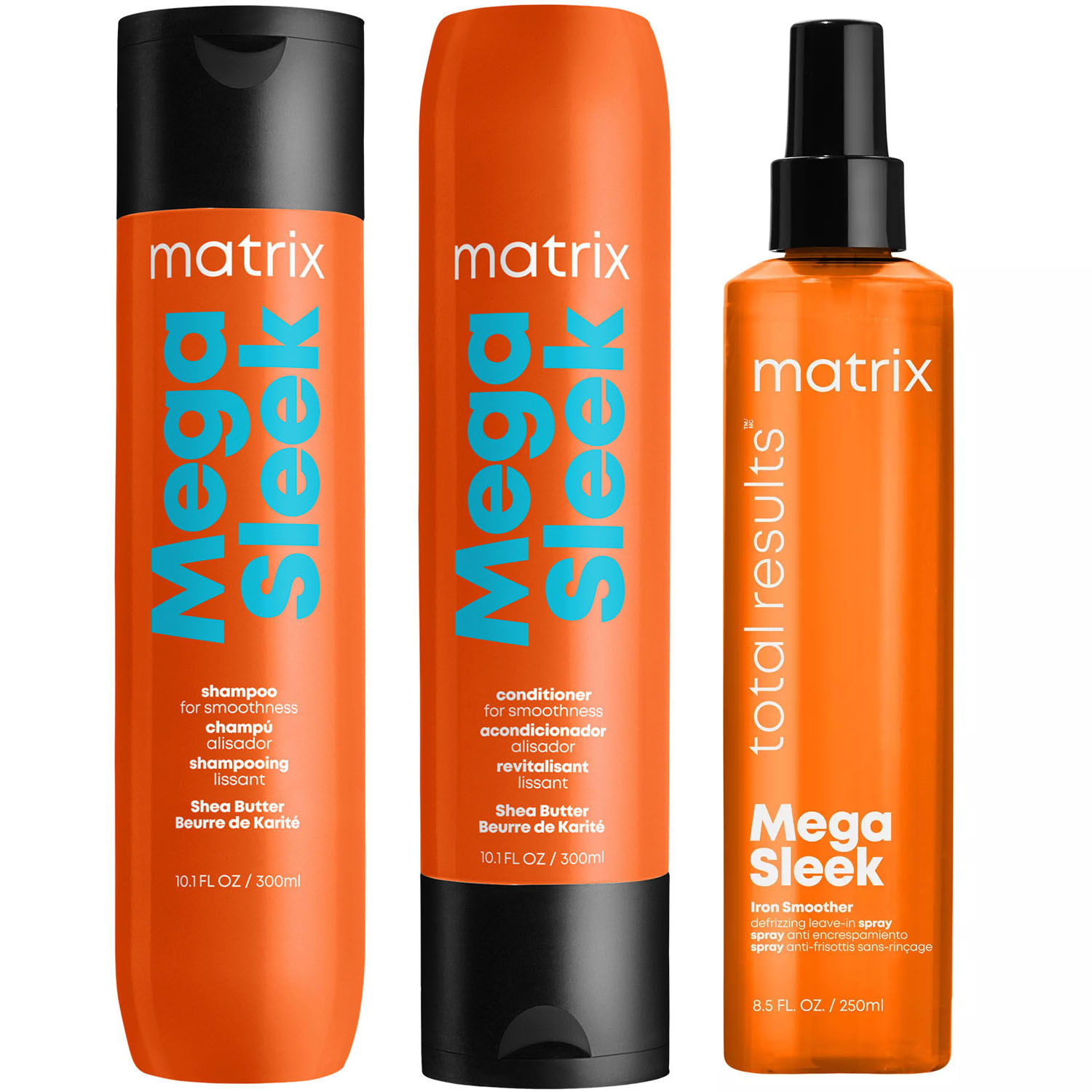 MATRIX Набор для гладкости волос Mega Sleek: шампунь 300 мл + кондиционер 300 мл + термозащита 250 мл