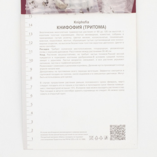 Книфофия гибридная Нэнси Ред, корневище в пакете с торфогрунтом, р-р I, 1 шт.