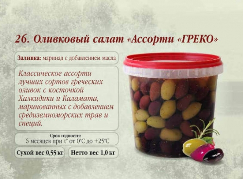 Оливковый салат Ассорти ГРЕКО с/к в масле пл.ведро	3,1 кг