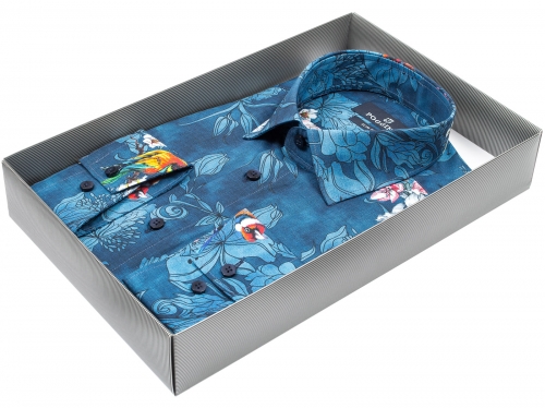 Синяя приталенная мужская рубашка Poggino 5006-31 в птицах