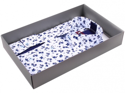 Белая приталенная мужская рубашка Rvvaldi 2019-36 в синих цветах