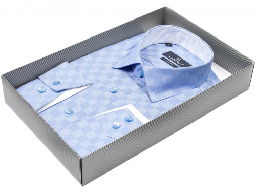 Голубая приталенная мужская рубашка Poggino 8118-02 в клетку