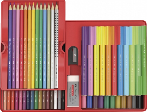 Фломастеры Connector, 22 фломастера + 28 цветных карандашей + 1 точилка + 1 ластик + 1 чернографитный, в металлической коробке, 53 предмета