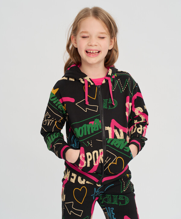 675 р. 1350 р. Толстовка на молнии с капюшоном принтованная черная для девочки Button Blue