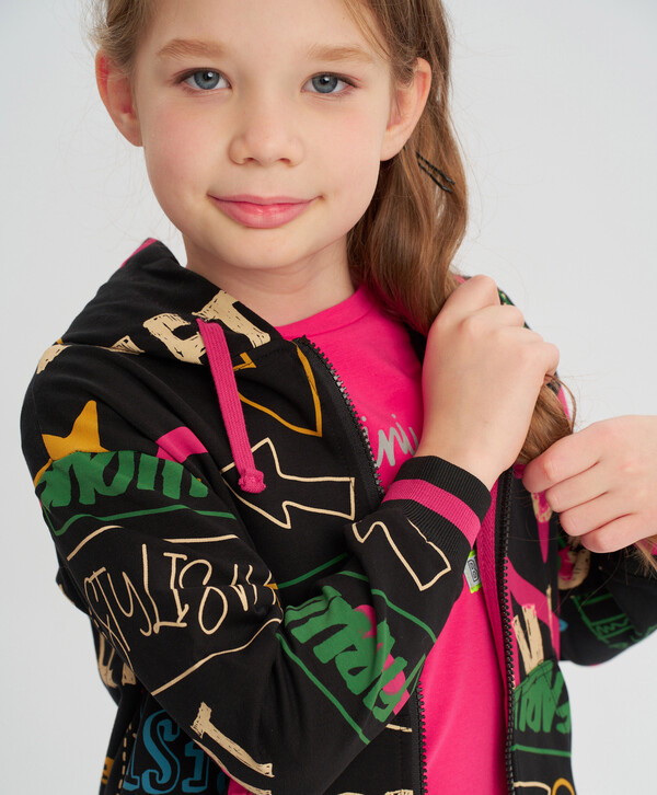 675 р. 1350 р. Толстовка на молнии с капюшоном принтованная черная для девочки Button Blue