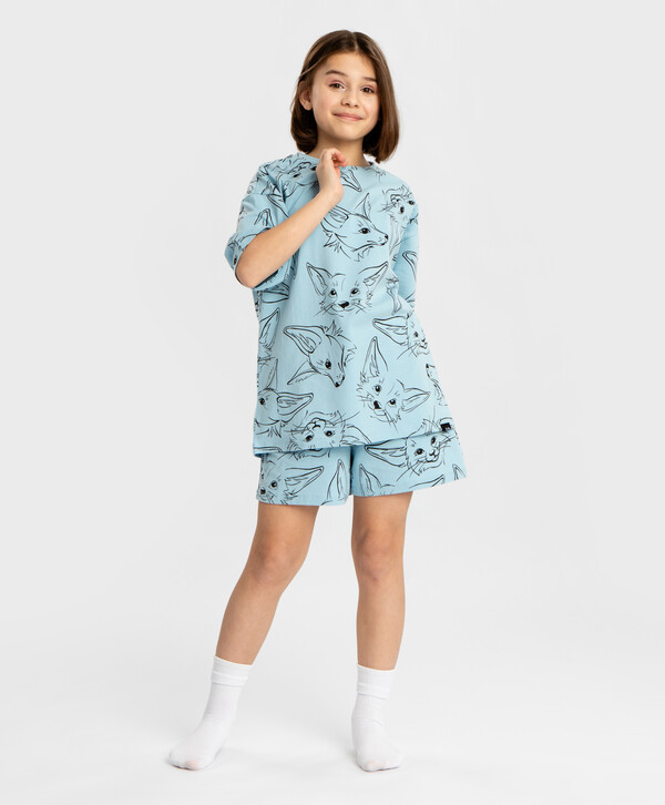 700 р. 1000 р. Пижама с шортами и футболкой с коротким рукавом с котами голубая для девочки Button Blue