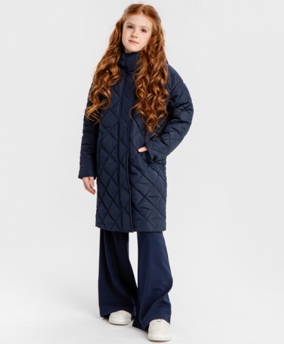 Пальто стеганое с капюшоном демисезонное синее для девочки Button Blue