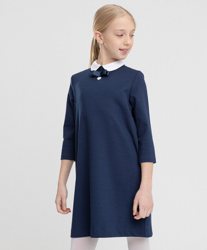 Платье с рукавом 3/4 и декоративным бантом из плотного трикотажа синее Button Blue