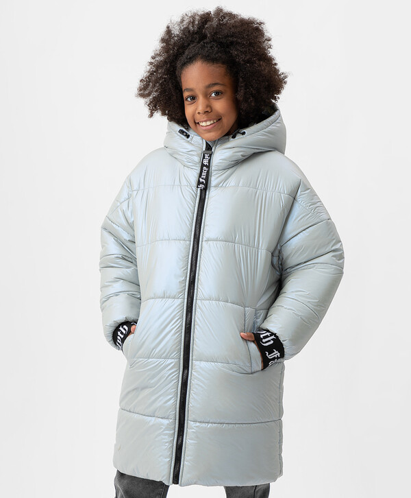 2925 р. 4500 р. Пальто зимнее с капюшоном серебристое Button Blue