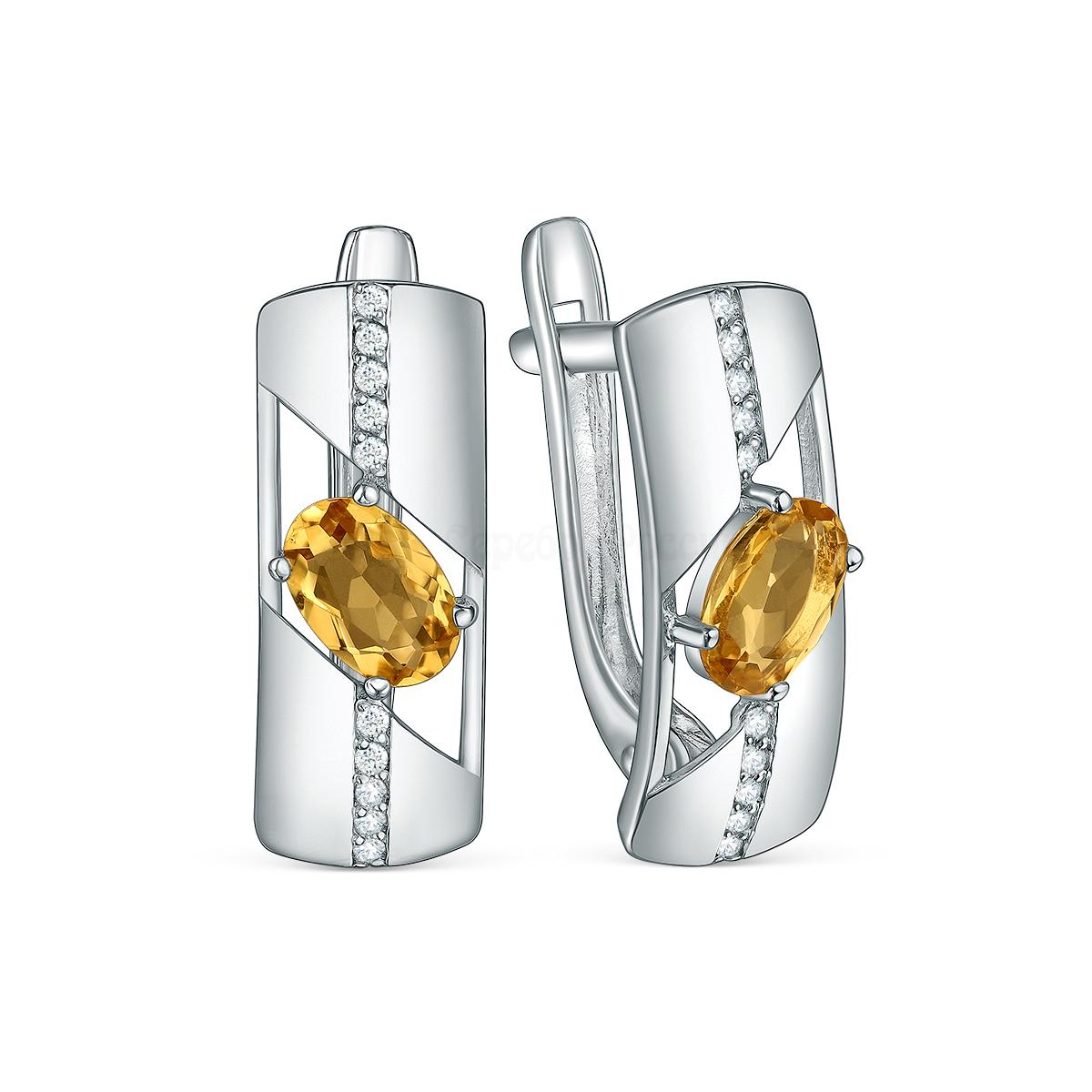 Серьги из серебра с цитрином и фианитами родированные 2-3906-001