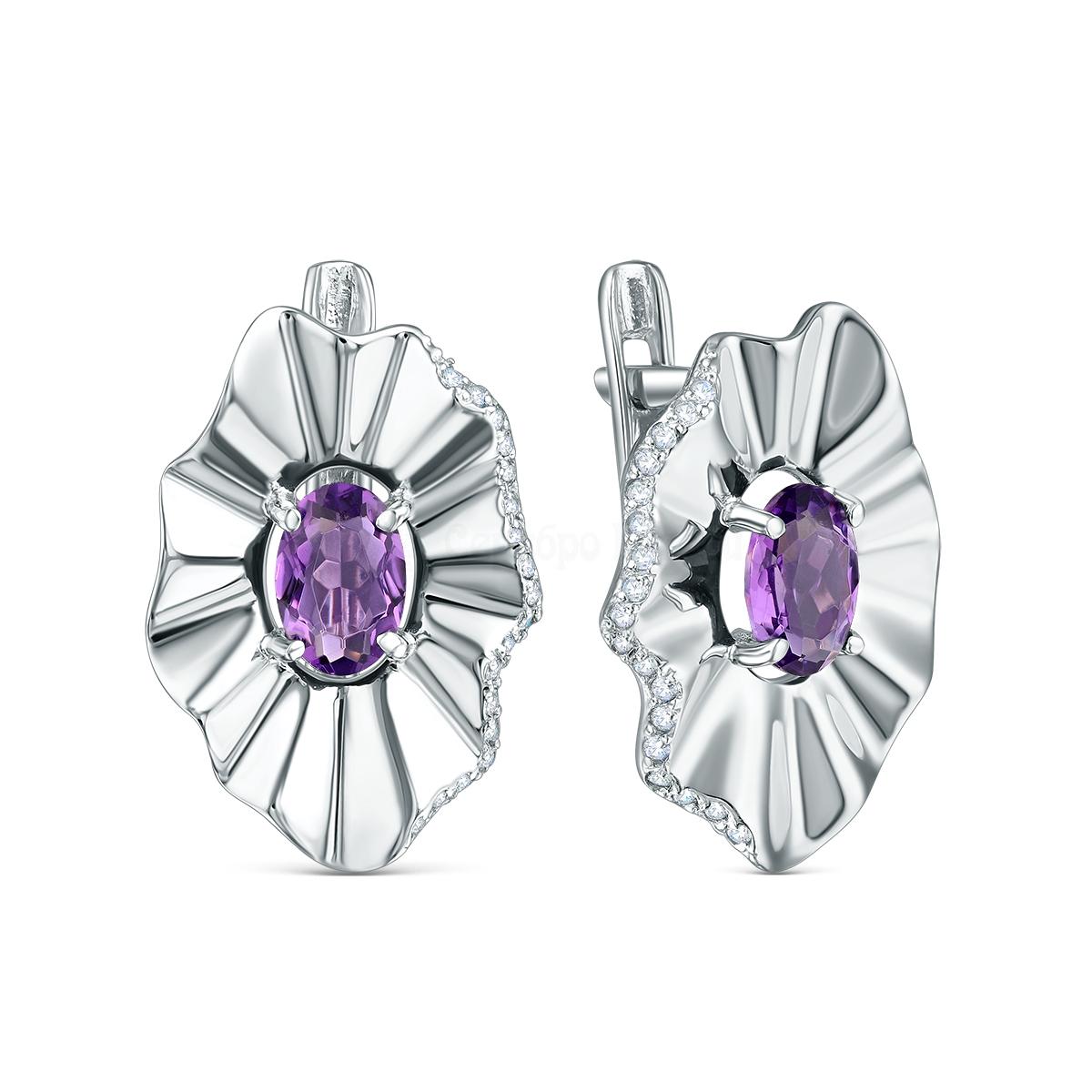 Серьги из серебра с аметистом и фианитами родированные 2-3871-001